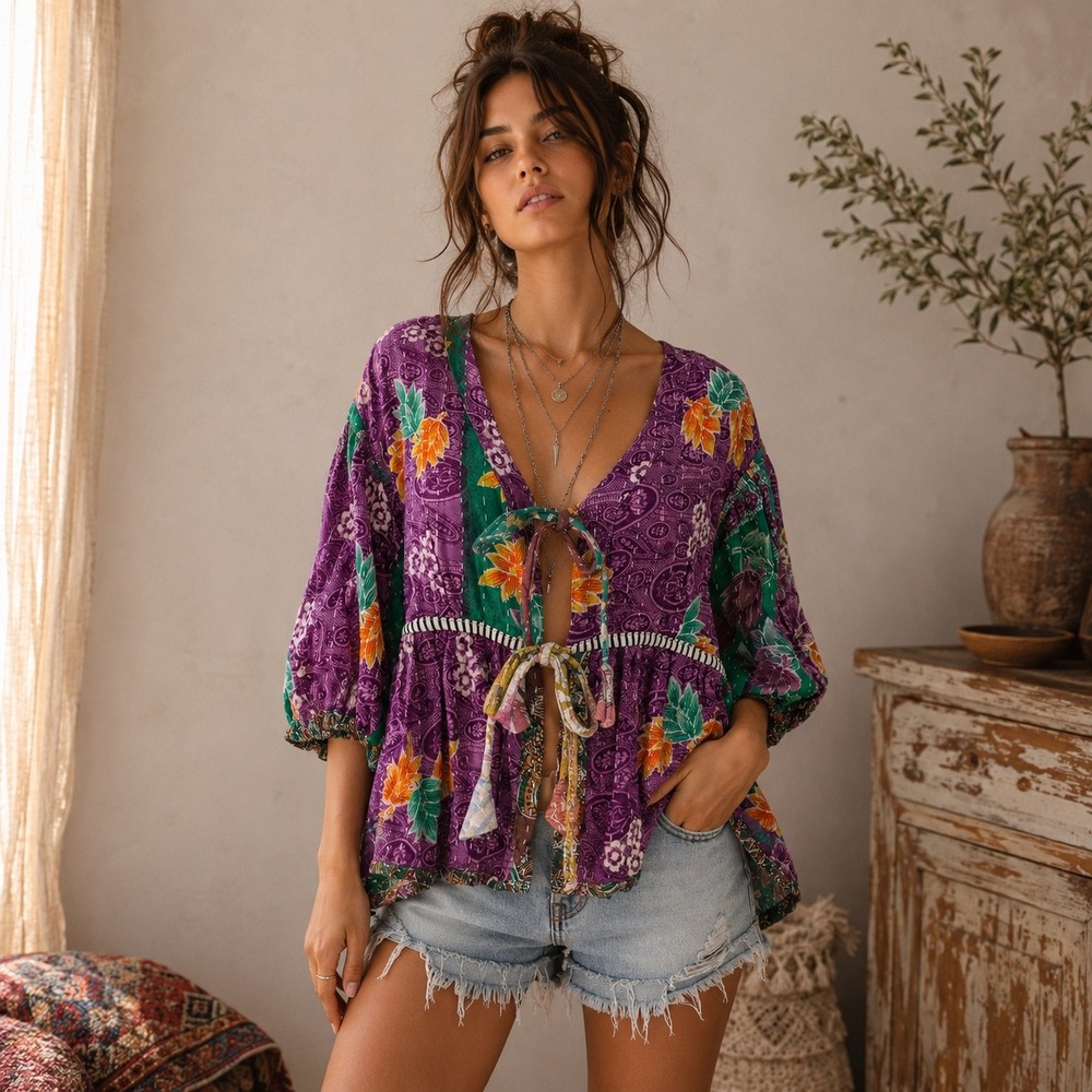 Kantha Patchwork Quilted Kimono Tie Front Reversible Boho Artisan One Of A Kind